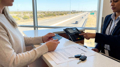 A silver car hire saloon driving on a scenic road through the vast Texas landscape
