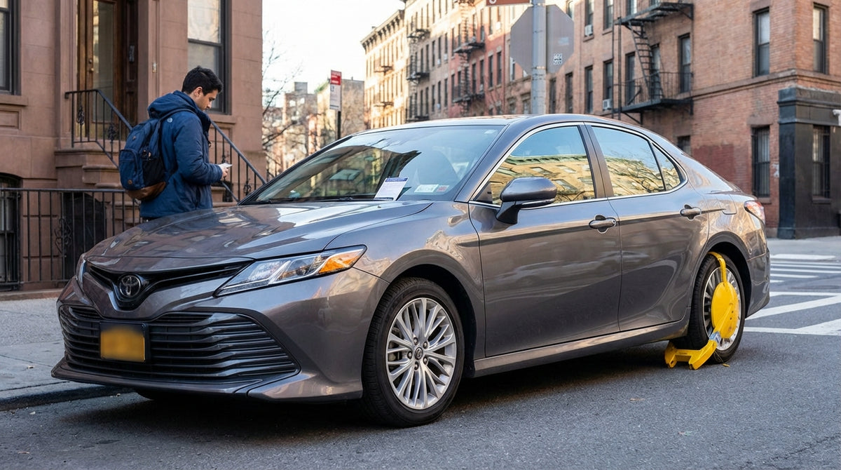 A bright yellow wheel clamp attached to the front tire of a modern car hire parked on a street in New York