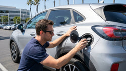 Close up of a person checking the fuel cap of a car rental in a sunny California parking lot