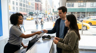 Customer handing a credit card to an agent at a New York car rental counter