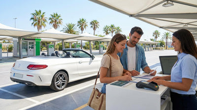 A smiling traveler receiving keys from an agent at a car hire counter in a sunny Florida airport