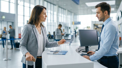 A person's hand holding a credit card over the counter at a New York car hire agency desk with keys on the side