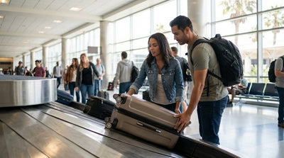 Travelers with luggage wait for the LAX car rental shuttle on a sunny day in Los Angeles