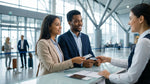 A customer hands documents to an agent at a car rental counter inside Philadelphia Airport, Pennsylvania