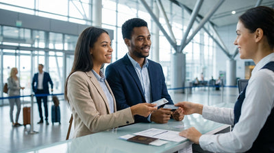 A customer hands documents to an agent at a car rental counter inside Philadelphia Airport, Pennsylvania