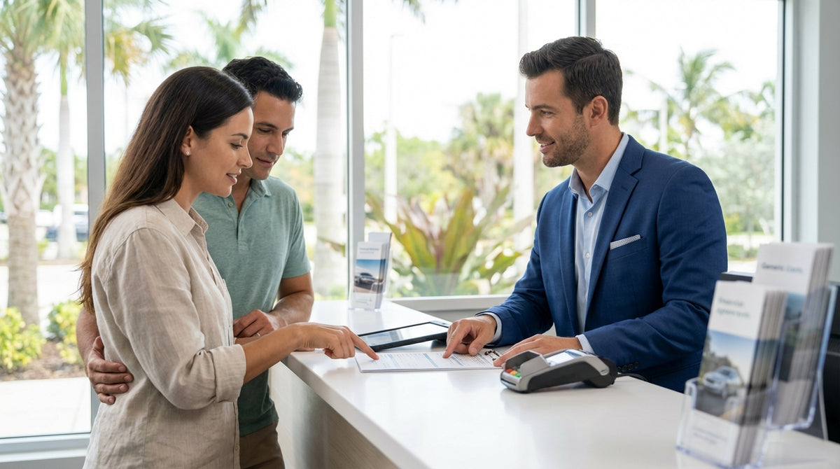 A convertible car rental driving down a scenic coastal highway lined with palm trees in sunny Florida