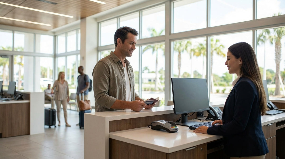 A red convertible car hire driving on a sunny coastal road lined with palm trees in Florida