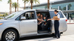 Child safety seat installed in the back of a car rental parked on the Las Vegas Strip