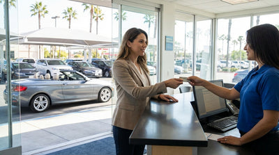 A person with their car hire vehicle overlooking the sunny coastline of Big Sur in California