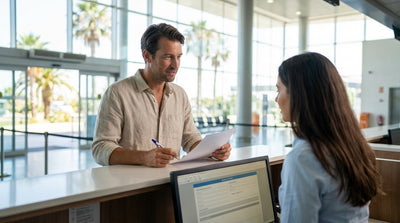A white convertible car rental drives down a palm tree-lined road on a sunny day in Orlando