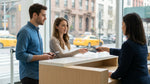 A person hands their driver's license to an agent at a car rental desk in New York