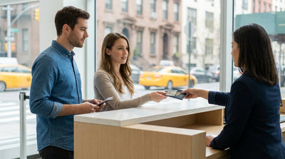 A person hands their driver's license to an agent at a car rental desk in New York