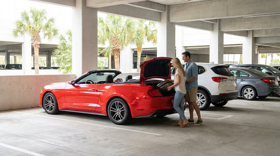 The modern car rental center at Tampa International Airport in Florida under a bright, sunny sky