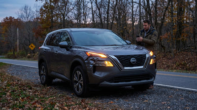 A car hire is pulled over on a wooded roadside in Pennsylvania with its hazard lights flashing at dusk