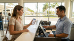 Traveler looking at a smartphone screen while standing at a Miami car rental desk