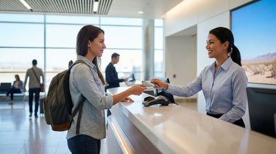 A modern sports car hire on a desert road with the Las Vegas Strip skyline in the background