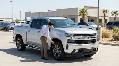 A modern rental car driving down a wide-open highway in the Texas hill country