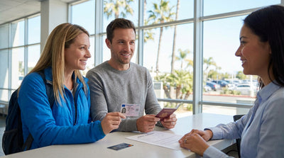 A red convertible car hire driving on a sunny, winding coastal highway in Big Sur, California