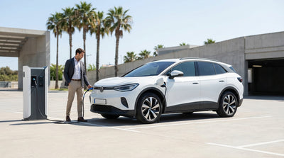 A modern electric car charging at a car rental station in Los Angeles under a sunny sky