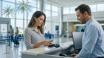 Smiling traveler receives keys from an agent at a car hire counter in an Orlando airport