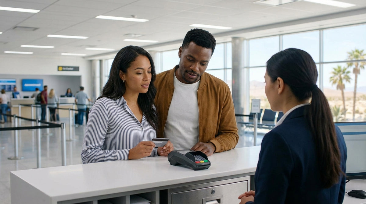 A person at a car hire counter in Las Vegas using a credit card to pay at a payment terminal