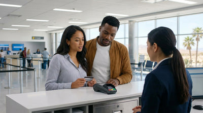 A person at a car hire counter in Las Vegas using a credit card to pay at a payment terminal