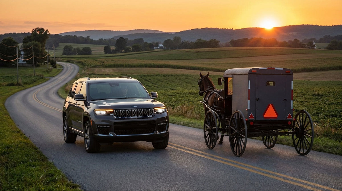 An Amish horse and buggy travels down a rural Pennsylvania road at sunset, seen from a car hire