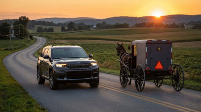 An Amish horse and buggy travels down a rural Pennsylvania road at sunset, seen from a car hire