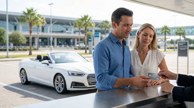 A customer at a car hire desk in Texas hands over a credit card to an agent to complete their booking