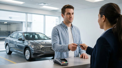 A young driver smiles next to their car hire on a busy street in New York City