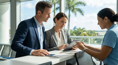 A convertible car hire driving on a sunny coastal road lined with palm trees in Florida