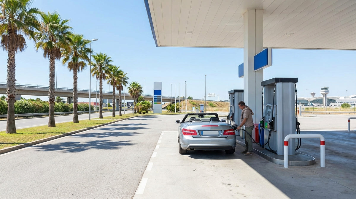 A modern car rental being refueled at a sunny petrol station with palm trees in Miami