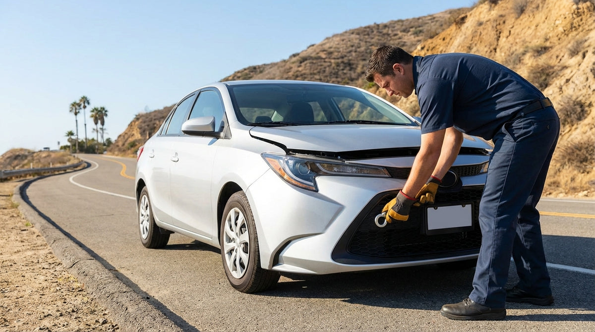 A sedan car rental with its hood up parked on the shoulder of a scenic California coastal highway