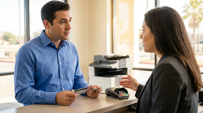 A customer at a car hire counter in Texas showing their driving licence to an agent