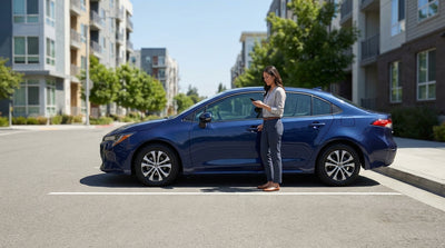 A person uses a smartphone app to unlock their car rental on a sunny city street in the United States