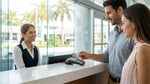 A traveler pays for their car hire with a credit card at a rental counter in the Miami airport
