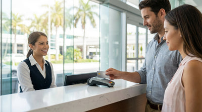 A traveler pays for their car hire with a credit card at a rental counter in the Miami airport