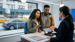 A traveler at a car hire counter in New York City holding a credit card and passport