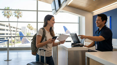 A traveler at the LAX car hire counter in Los Angeles showing a digital confirmation on a smartphone