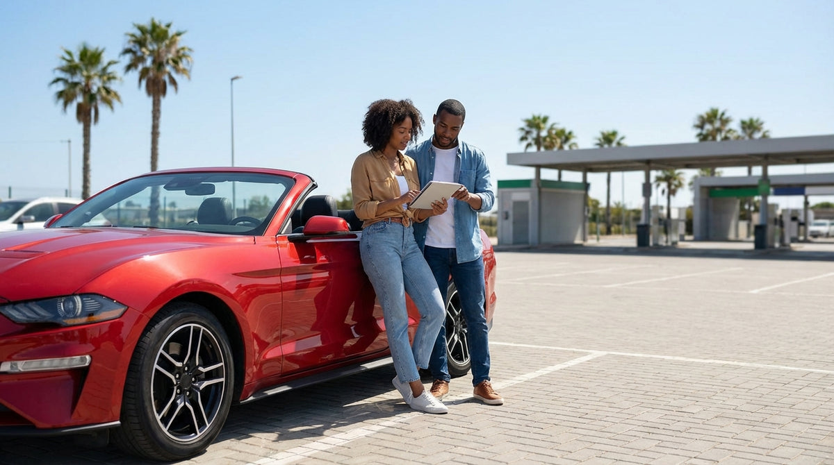 A sedan car rental driving down an empty desert highway at sunset in the United Estates