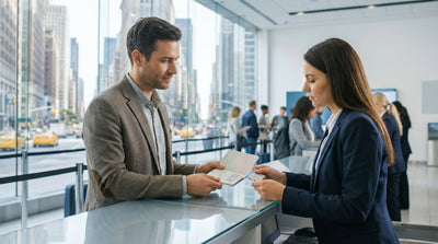 A driver's view from a car hire of a busy New York street with iconic yellow cabs and tall skyscrapers