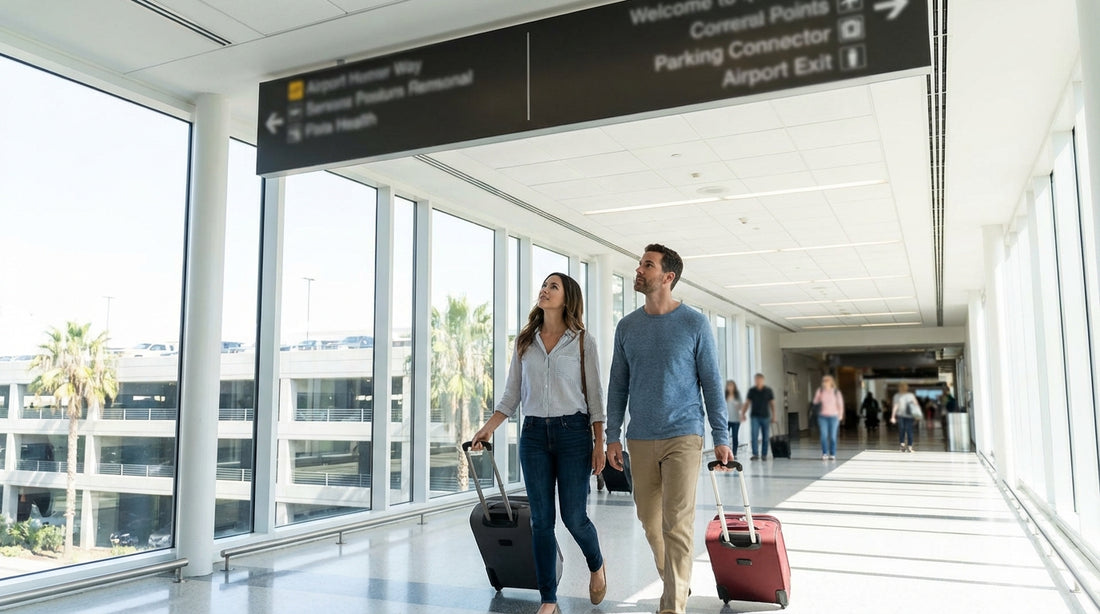 A traveler looks at signs for the Miami car hire center in the bright airport arrivals hall
