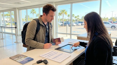 A classic convertible car rental driving down a sunny, palm-lined road in the United Estates