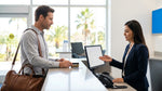 Customer placing a credit card on an Orlando car hire desk next to car keys