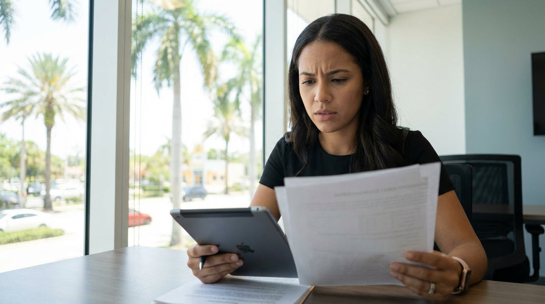 A person inspects a minor dent on the bumper of their silver car rental parked on a sunny street in Florida