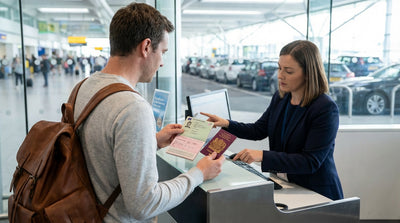A person at a New York car rental desk holds a passport while an agent reviews paperwork on a clipboard