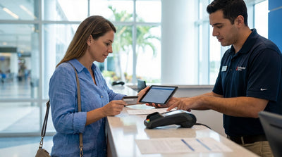 A red convertible car hire driving along a sunny road lined with palm trees in Miami