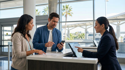 A traveler at a busy car hire desk inside the Los Angeles airport terminal