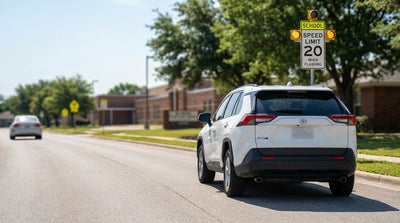 A car rental slowing for a school zone with flashing lights on a tree-lined street in Texas