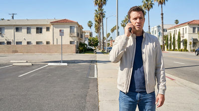 A person on their phone stands by an empty parking spot for their car hire in a sunny Los Angeles lot